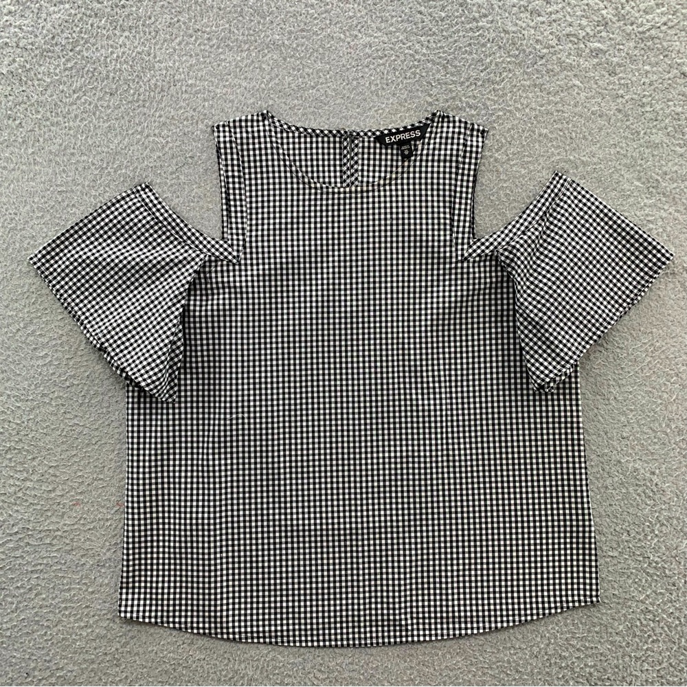 Express Women Cold Shoulder Black White Gingham Key Hole Back Top Blouse Size XS